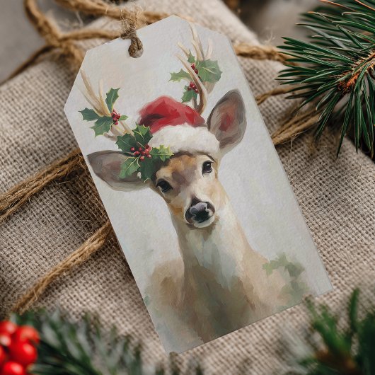 サンタ帽子をかぶった優雅な鹿のクリスマスデザイン ギフトタグ