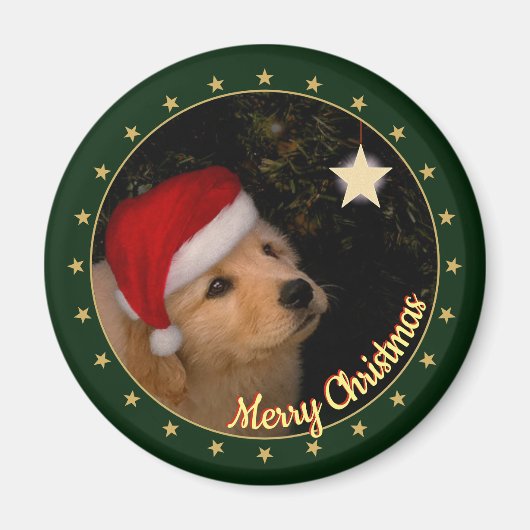 サンタ帽子をかぶった子犬「メリークリスマス」 マグネット (正面)