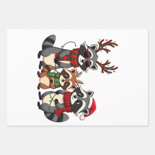 サンタ帽子をかぶった家族のあらいぐまのクリスマス ラッピングペーパーシート