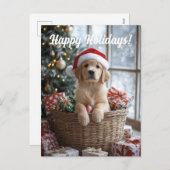 サンタ帽子をかぶった愛らしい子犬 シーズンポストカード (正面/裏面)