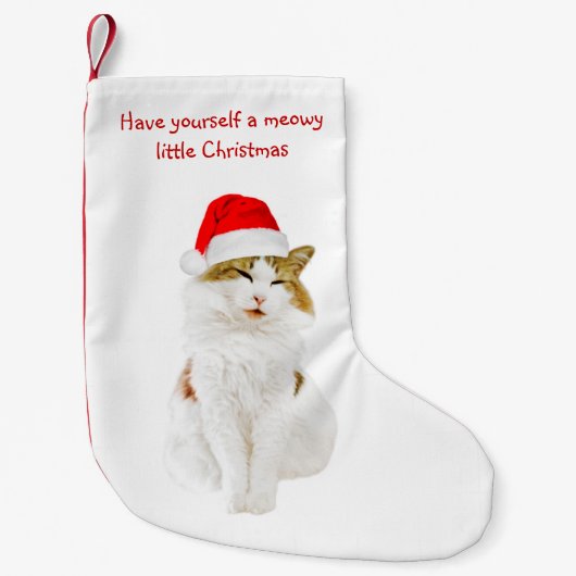 サンタ帽子をかぶった猫 スモールクリスマスストッキング (正面)