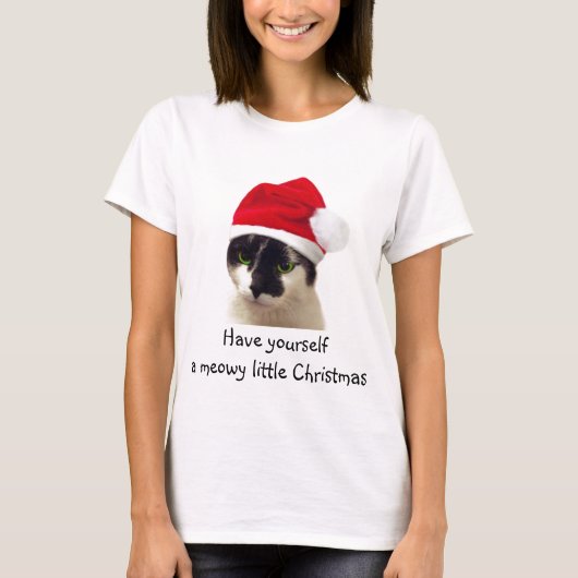 サンタ帽子をかぶった猫 Tシャツ (正面)