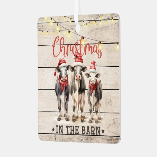 サンタ帽子をかぶった納屋の牛のクリスマス メタルオーナメント (正面左)