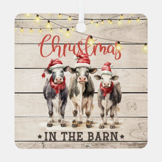 サンタ帽子をかぶった納屋の牛のクリスマス メタルオーナメント (裏面)