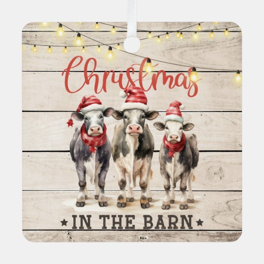 サンタ帽子をかぶった納屋の牛のクリスマス メタルオーナメント (正面)