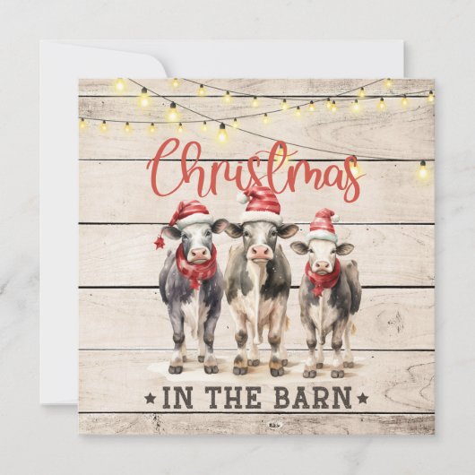 サンタ帽子をかぶった納屋の牛のクリスマス 招待状 (正面)