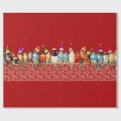 サンタ帽子をかぶった鳥が止まり木に座る ラッピングペーパー (フラット)