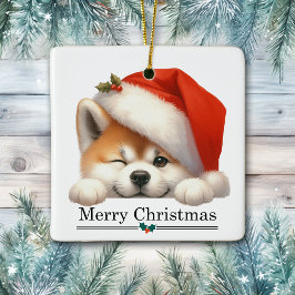サンタ帽子をかぶってウインクする秋田犬の子犬 メリークリスマス セラミックオーナメント