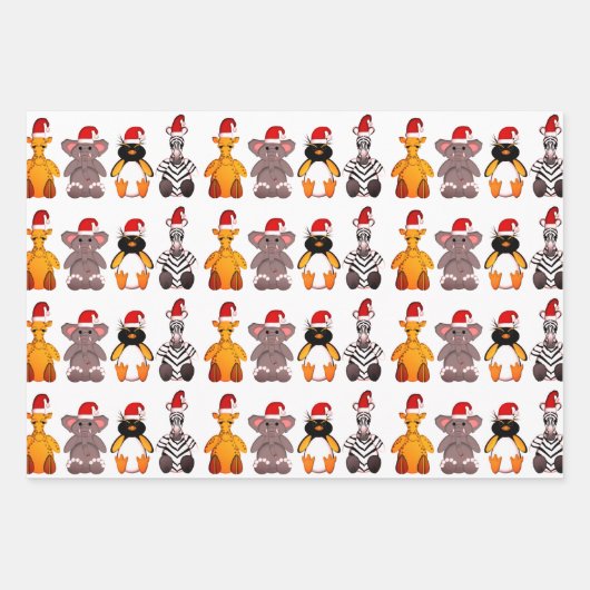 サンタ帽子ギフトラッピングセット3の動物 ラッピングペーパーシート (正面)