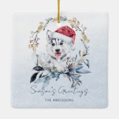 サンタ帽子シベリアンハスキー子犬のカスタムクリスマス セラミックオーナメント (裏面)