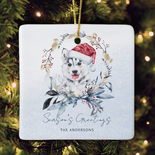 サンタ帽子シベリアンハスキー子犬のカスタムクリスマス セラミックオーナメント