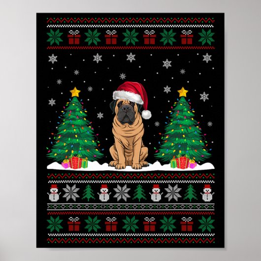 サンタ帽子マスティフ犬クリスマスツリーが醜いSを点灯 ポスター (正面)