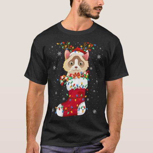 サンタ帽子ラグドール猫の動物ソックスのクリスマスツリー李 Tシャツ (正面)