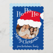 サンタ帽子写真 ホー ホー ホー メリークリスマス ブルー シーズンカード (正面/裏面)