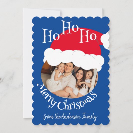 サンタ帽子写真 ホー ホー ホー メリークリスマス ブルー シーズンカード (正面)
