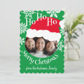 サンタ帽子写真 ホー ホー ホー メリークリスマス 緑 シーズンカード (スタンド正面)