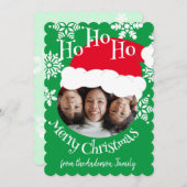 サンタ帽子写真 ホー ホー ホー メリークリスマス 緑 シーズンカード (正面/裏面)