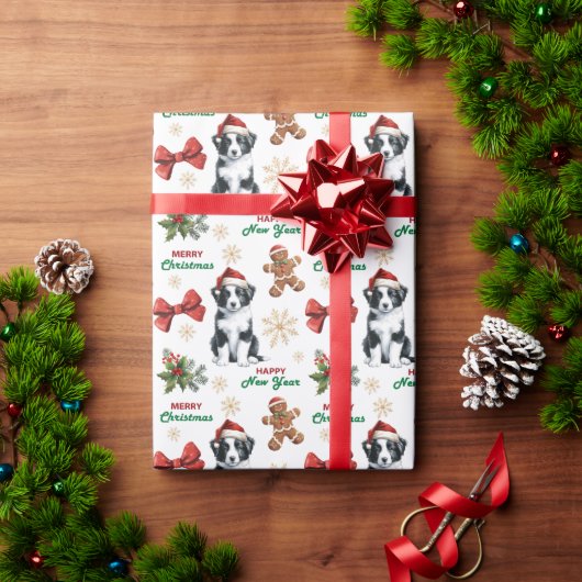 サンタ帽子 ボーダーコリー 子犬 クリスマス ラッピングペーパー (クリスマスギフト)