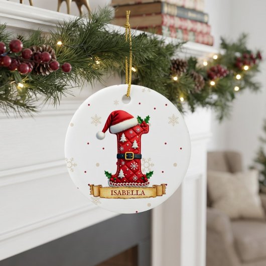 サンタ帽子 赤いクリスマスの文字 I 名前 セラミックオーナメント