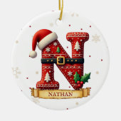 サンタ帽子 赤いクリスマス 文字 N 名前 セラミックオーナメント (正面)