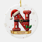 サンタ帽子 赤いクリスマス 文字 N 名前 セラミックオーナメント (裏面)
