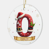 サンタ帽子 赤いクリスマス 文字 O 名前 セラミックオーナメント (左)