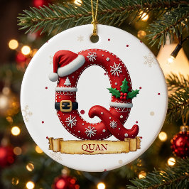 サンタ帽子 赤いクリスマス 文字 Q 名前 セラミックオーナメント