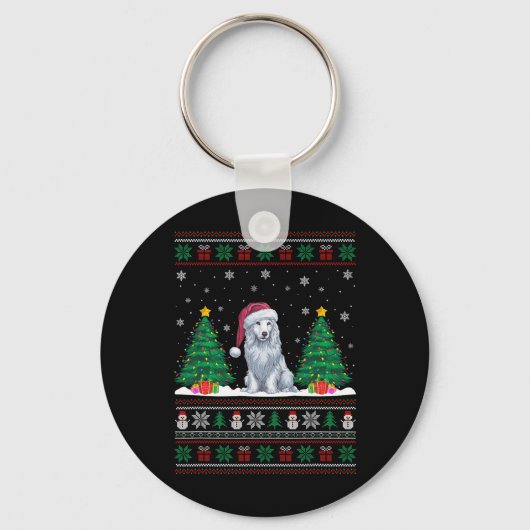 サンタ帽子Akbash犬クリスマスツリーが醜いSwを点灯 キーホルダー (正面)
