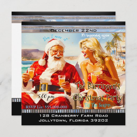 サンタ年次ビーチクリスマスパーティー 招待状 (正面/裏面)