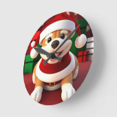 サンタ服を着たかわいい漫画の犬 ラウンド壁時計 (傾斜)