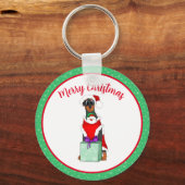 サンタ服を着たメリークリスマスかわいいドバーマン キーホルダー (正面)