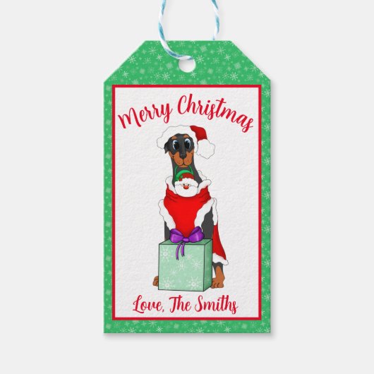 サンタ服を着たメリークリスマスかわいいドバーマン ギフトタグ (正面)