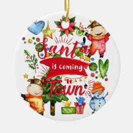 サンタ来イズトゥータウン – かわいい牛のホリデーパーティー セラミックオーナメント