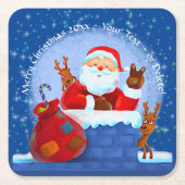 サンタ煙突トナカイ袋を追加する年文字ブルー スクエアペーパーコースター (正面)