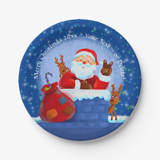 サンタ煙突トナカイ袋を追加文字ブルー7" ペーパープレート (正面)