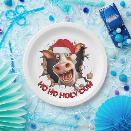 サンタ牛の漫画顔ユーモアのあるクリスマス農家 ペーパープレート (パーティー)