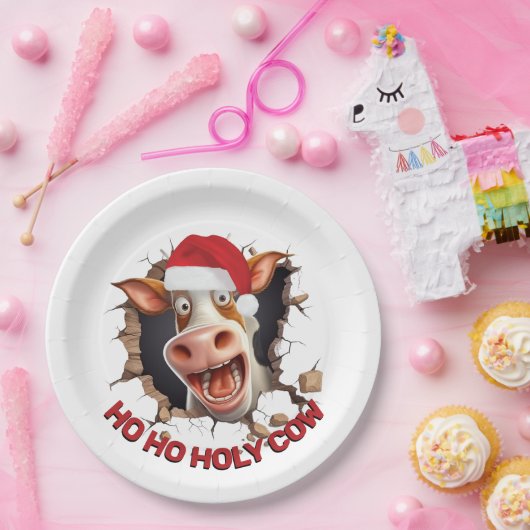 サンタ牛の漫画顔ユーモアのあるクリスマス農家 ペーパープレート (パーティー)