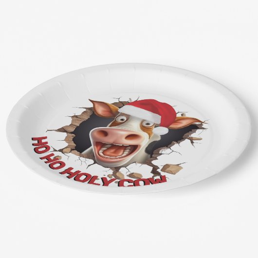 サンタ牛の漫画顔ユーモアのあるクリスマス農家 ペーパープレート (アングル)