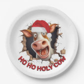 サンタ牛の漫画顔ユーモアのあるクリスマス農家 ペーパープレート (正面)