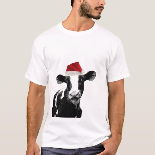 サンタ牛-サンタの帽子を身に着けている乳牛 Tシャツ (正面)