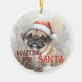 サンタ犬の水彩待ちパグ犬のクリスマス セラミックオーナメント (正面)