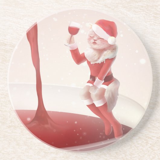サンタ猫がグラス赤ワインを持ち歩く コースター (正面)