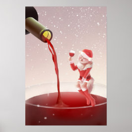 サンタ猫がグラス赤ワインを持ち歩く ポスター