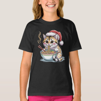 サンタ猫がラーメンを食べるキュートなクリスマスネコ Tシャツ