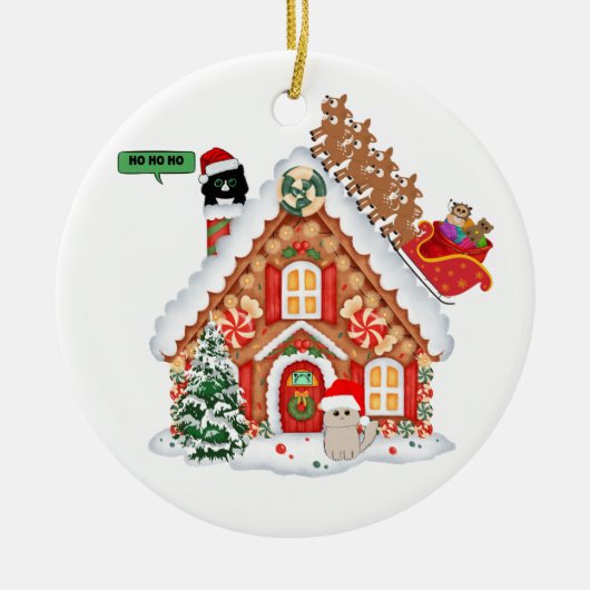 サンタ猫と友達が訪れるクリスマスのお祝い セラミックオーナメント (正面)