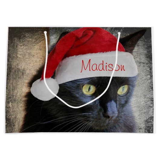 サンタ猫のギフトバッグは帽子の名前と、カスタマイズ ラージペーパーバッグ (正面)