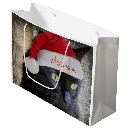 サンタ猫のギフトバッグは帽子の名前と、カスタマイズ ラージペーパーバッグ (正面アングル)