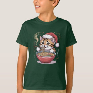 サンタ猫のラーメン大好き かわいいクリスマスキティ Tシャツ