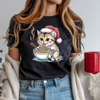 サンタ猫のラーメン大好き かわいいクリスマスキティ Tシャツ