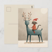 サンタ猫トナカイの水色クリスマス ポストカード (正面/裏面)
